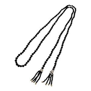 Vintage Black Beaded Tassel Lariat Necklace Faceted Crystal Art Deco Flapper